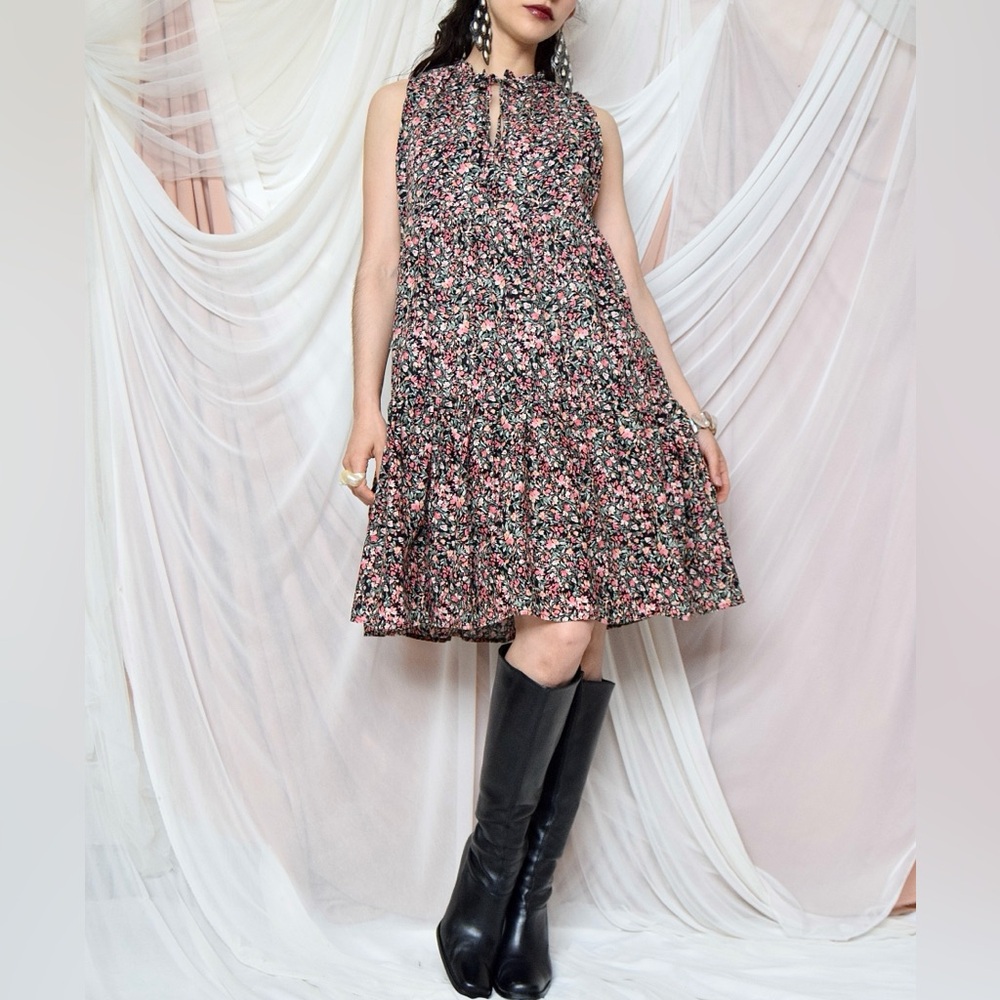 BB Dakota Floral Midi Tiered Dress in Black and Pink